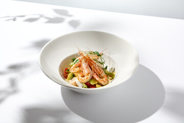 Elegant food - salad with shrimp and avocado on white table with harsh shadow. Flashy food concept. Seafood salad with shrimp, tomatoes and avocado on white plate with sunlight.