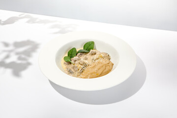 Traditional russian food - beef stroganoff with mushroom sauce and mashed potatoes. Beef stroganoff in white plate on light background with hard shadows. Stew meat with creamy sauce on summer menu.