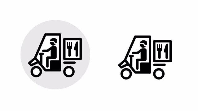 Icon of  a food delivery pictogram man driving a trike. Looped animation with a luma matte.	
