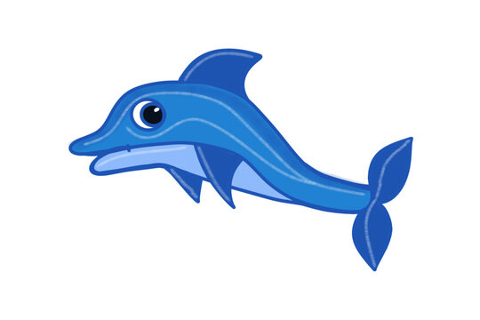 Dolphin, cartoon marine character, drawing in blue and cyan shades of color on a transparent background, for design and print