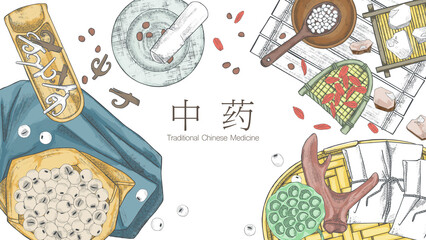 テーブルに並べられた漢方生薬手書きイラスト