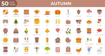 Set of 50 Autumn icons in flat style. Leaves, berries, sweater. Flat icons collection. Vector illustration