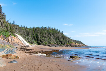Beautiful panorama of the Grand-Sault Waterfall flowing into the Saint-Lawrence river in La Minganie, Quebec, Canada