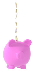 Pink piggy bank with Euro coins on a transparent background, 3d rendering