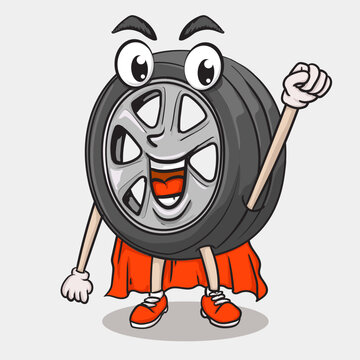 recommend clip art: smile face tyre super hero get ready to fly character. funky tire mascot icon illustration