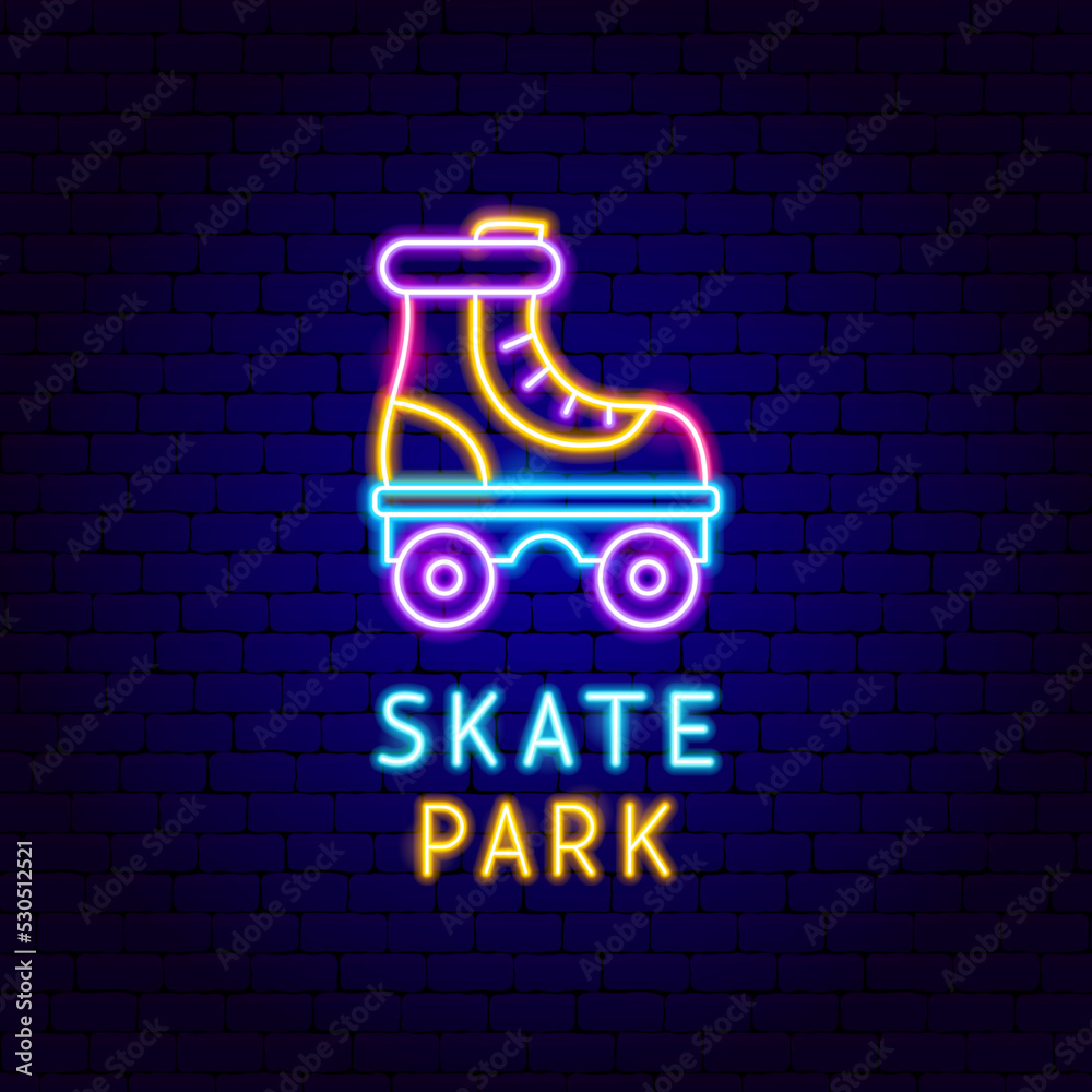 Poster skate park neon label. vector illustration of sport glowing object.