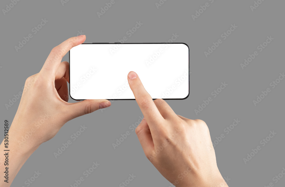 Aufkleber hands holding phone mockup in horizontal position. woman clicking, pressing play button for watching