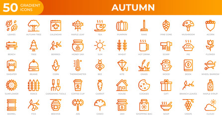 Set of 50 Autumn icons in gradient style. Leaves, berries, sweater. Gradient icons collection. Vector illustration