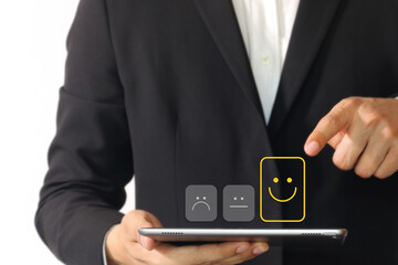 Customer give highest rating to business service experiences on online application. User evaluate quality of services leading to reputation of company, reviewing satisfaction feedback survey concept.