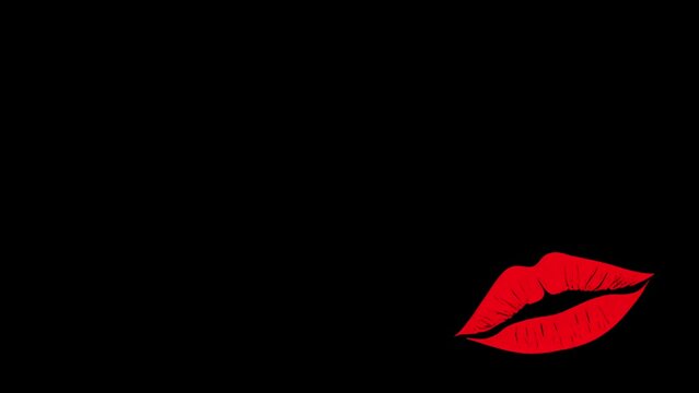 A pair of lips giving a kiss, similar images in a fast rotating sequence, isolated on a black background and on the bottom right corner (free copy space). Sharp magazine illustration effect.
