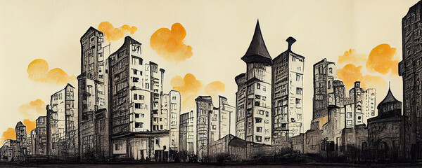 Urban city architecture background wallpaper illustration - obrazy, fototapety, plakaty
