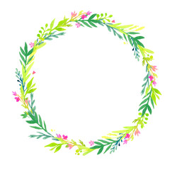 Fototapeta na wymiar wreath of watercolor stylized leaves and flowers on a white background.