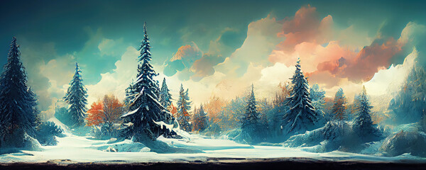 Winter wonderland background wallpaper with trees and snow - obrazy, fototapety, plakaty