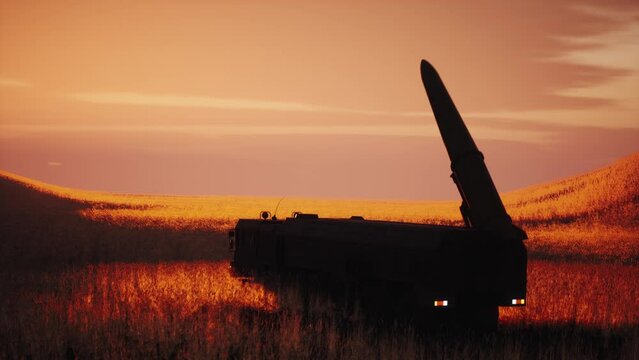 Multiple Launch Rocket System in the field. War concept. 3d animation
