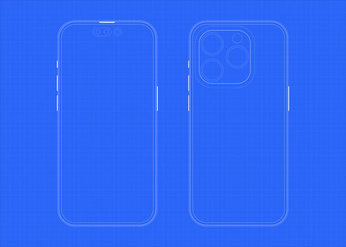 Blueprint sketch of the famous phone in front and back view.