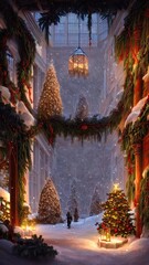 Fototapeta premium New Year's winter garden with decorated Christmas trees, lights, garlands. Festive New Year decorations, festive city. Christmas lanterns, decorated street, winter, snow, postcard. 3D illustration