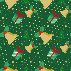 Christmas seamless pattern with golden bell mistletoe and gift box on dark green background. Seasonal celebration abstract surface. Christmas ornament vector illustration.