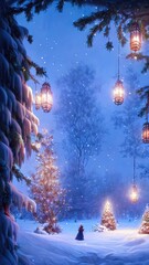 New Year's winter garden with decorated Christmas trees, lights, garlands. Festive New Year decorations, festive city. Christmas lanterns, decorated street, winter, snow, postcard. 3D illustration