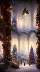 New Year's winter garden with decorated Christmas trees, lights, garlands. Festive New Year decorations, festive city. Christmas lanterns, decorated street, winter, snow, postcard. 3D illustration