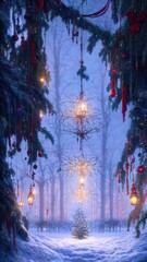 Obraz premium New Year's winter garden with decorated Christmas trees, lights, garlands. Festive New Year decorations, festive city. Christmas lanterns, decorated street, winter, snow, postcard. 3D illustration