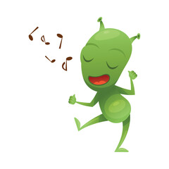 Funny Green Alien Character with Antenna on Head Dancing and Singing to Music Vector Illustration