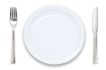 Cooking template - top view of an empty white plate with knife and fork isolated on a transparent ...
