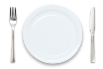 Cooking template - top view of an empty white plate with knife and fork isolated on a transparent  background