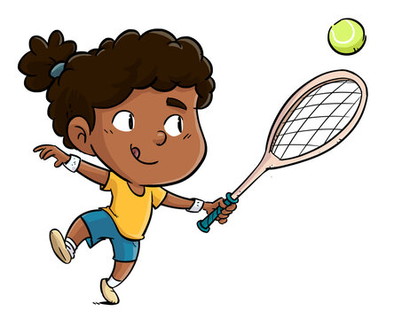 illustration of little afro girl playing tennis
