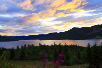 View at the skredvatn lake during the sunrise in Fyresdal, South Norway
