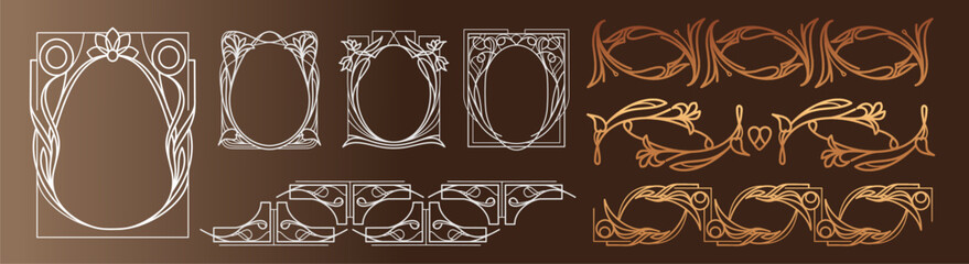 Art nouveau collection of borders, corners, frames and decorative elements on brown background - obrazy, fototapety, plakaty