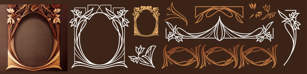 Art nouveau collection of borders, corners, frames and decorative elements on brown background