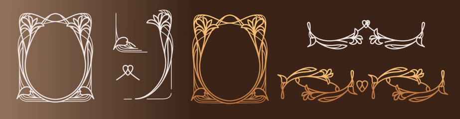 Art nouveau collection of borders, corners, frames and decorative elements on brown background