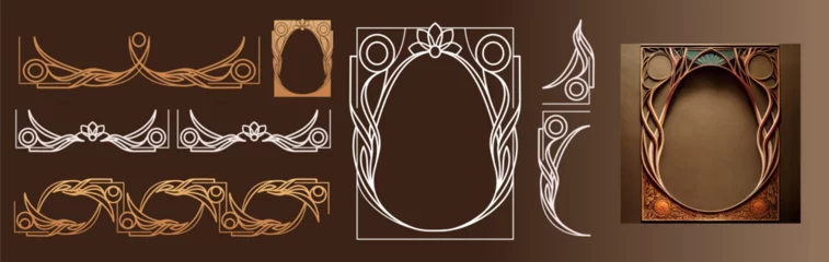 Deurstickers Art nouveau collection of borders, corners, frames and decorative elements on brown background © Olena Panasovska