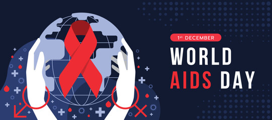 world aids day - hands with male and female hoop bracelet hold red ribbon and circle globe sign, cross plus virus and blood sign around on dark blue background vector design