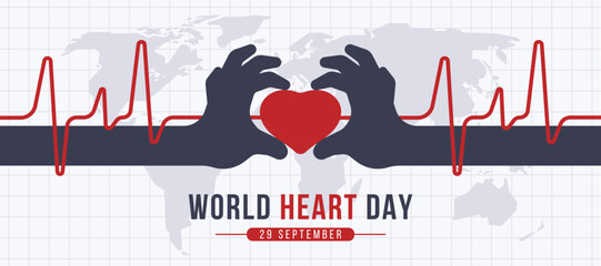 world heart day dark hands hold red heart sign with line heart wave around on world map texture background vector design - Powered by Adobe