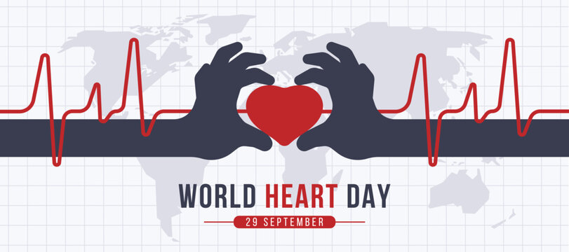 world heart day dark hands hold red heart sign with line heart wave around on world map texture background vector design