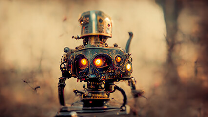 Fototapeta premium Scary robot android. Old metal, mechanisms, gears