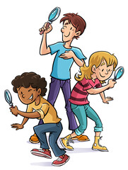 Illustration of three detective kids with magnifying glass