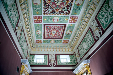 Luxurious coffered ceilings with richly ornamented moldings of the Bulgakov Palace. Zhilichi....