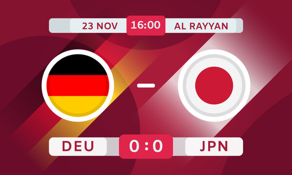 Germany vs Japan Match Design Element. Football Championship Competition Infographics. Announcement, Game Score, Scoreboard Template. Vector