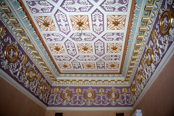 Luxurious coffered ceilings with richly ornamented moldings of the Bulgakov Palace. Zhilichi. Mogilev region. Belarus - obrazy, fototapety, plakaty