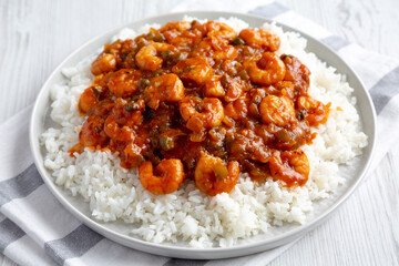 Homemade Cuban Shrimp Creole on a Plate, side view.