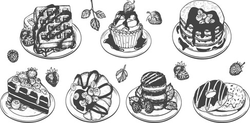 sweet menu vector drawing. Set of hand drawn delicious sweets. Vector Illustration.