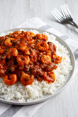 Homemade Cuban Shrimp Creole on a Plate, side view. Close-up.