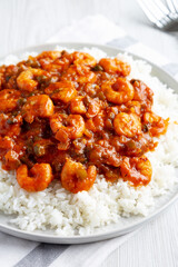 Homemade Cuban Shrimp Creole on a Plate, side view. Close-up.