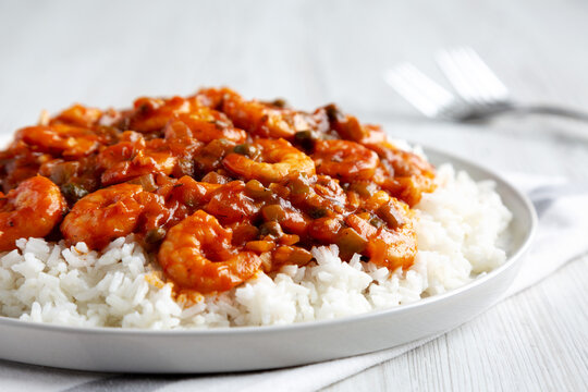Homemade Cuban Shrimp Creole on a Plate, low angle view. Close-up.