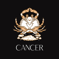 Cancer zodiac sign. Cancer sits in the lotus position. Yoga. Astrology. Graphics.