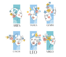 Set of zodiac signs. Aries, Taurus, Gemini, Cancer Virgo Leo. One line drawing.