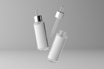 3d render сlear  glass dropper bottle mockup with a place for design