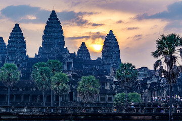 Cambodia. Siem Reap Province. Sunrise at Angkor Wat (Temple City) at early morning.  A Buddhist and temple complex in Cambodia and the largest religious monument in the world
